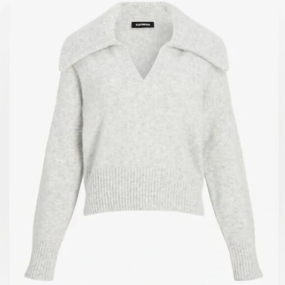 EXPRESS Light Gray Soft Knit V Neck Collared Sweater Size L NWT $88 - Picture 5 of 10